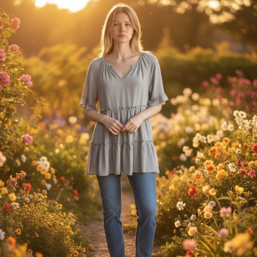 Camille & Co Gray Ruffled Tiered Boho Tunic with V-Neck Rayon Blend Women Medium